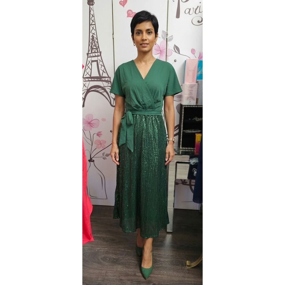 #104 MSRP $70  NWT GRACE KARIN EMERALD SEQUIN V-NECK A-LINE GOWN ♡SIZE M♡